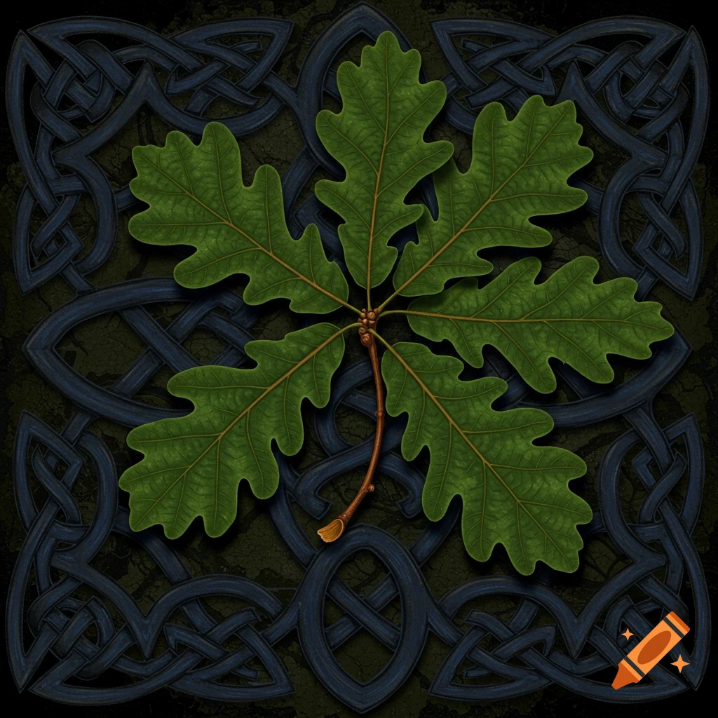 A vibrant green oak leaf centered on a dark background with intricate blue Celtic knot patterns.