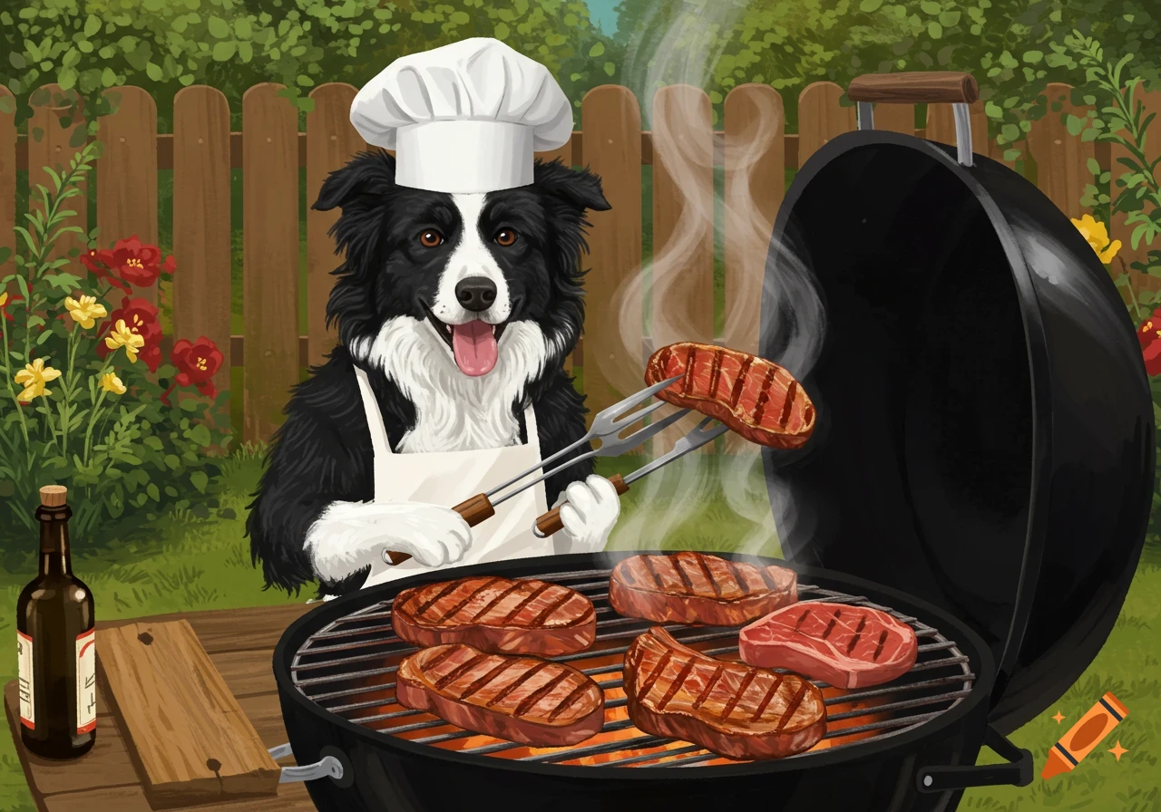 A cartoon black and white Border Collie dog wearing a chef's hat and apron grills steaks on a BBQ in a backyard.