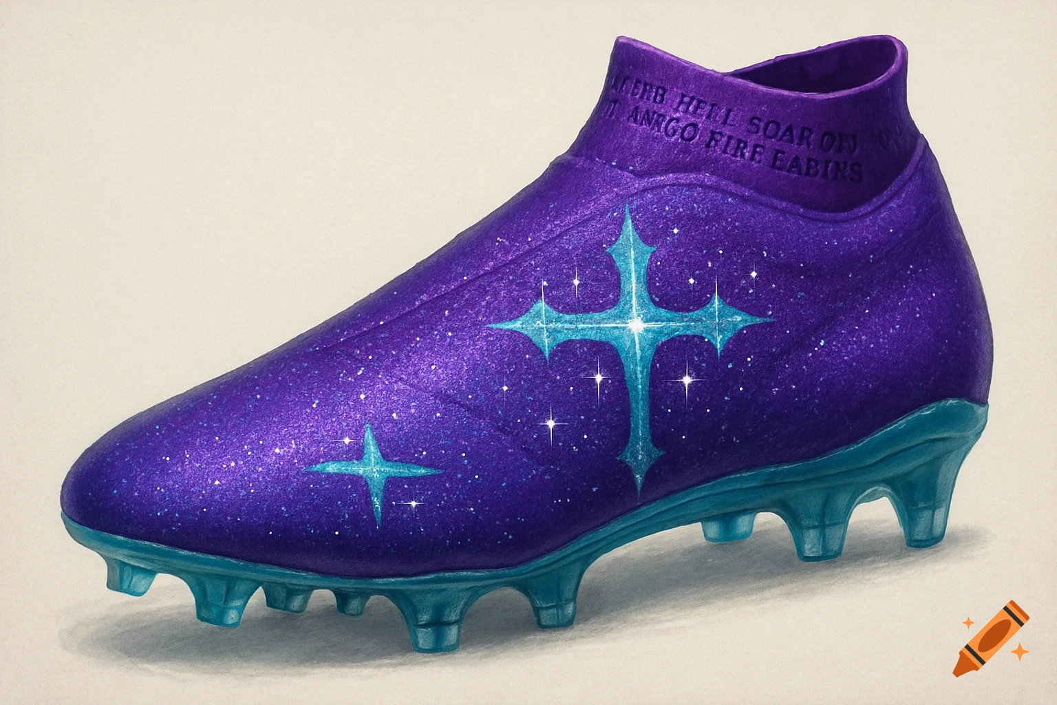 A vibrant purple glittery soccer boot with a turquoise celestial cross design and turquoise cleats.