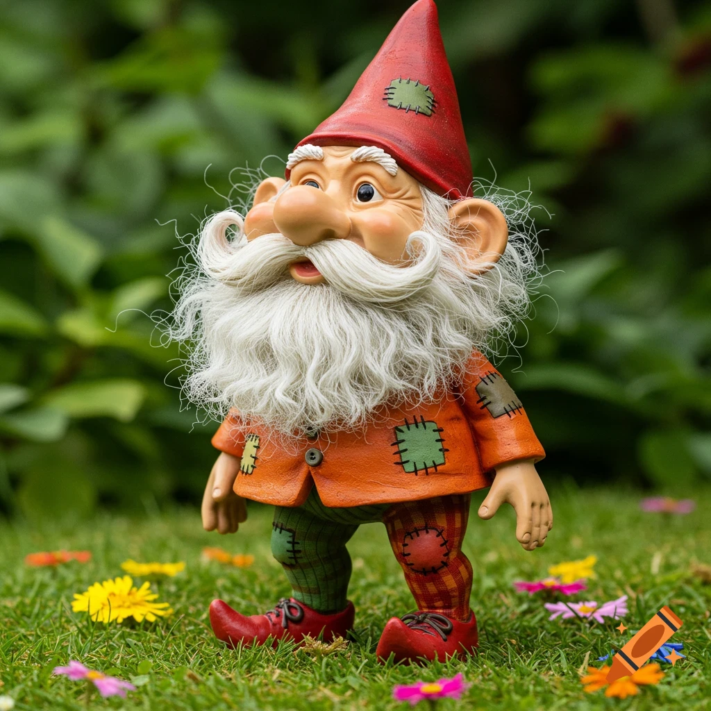 A whimsical garden gnome with a red hat, orange jacket, and white beard stands in green grass with colorful flowers.