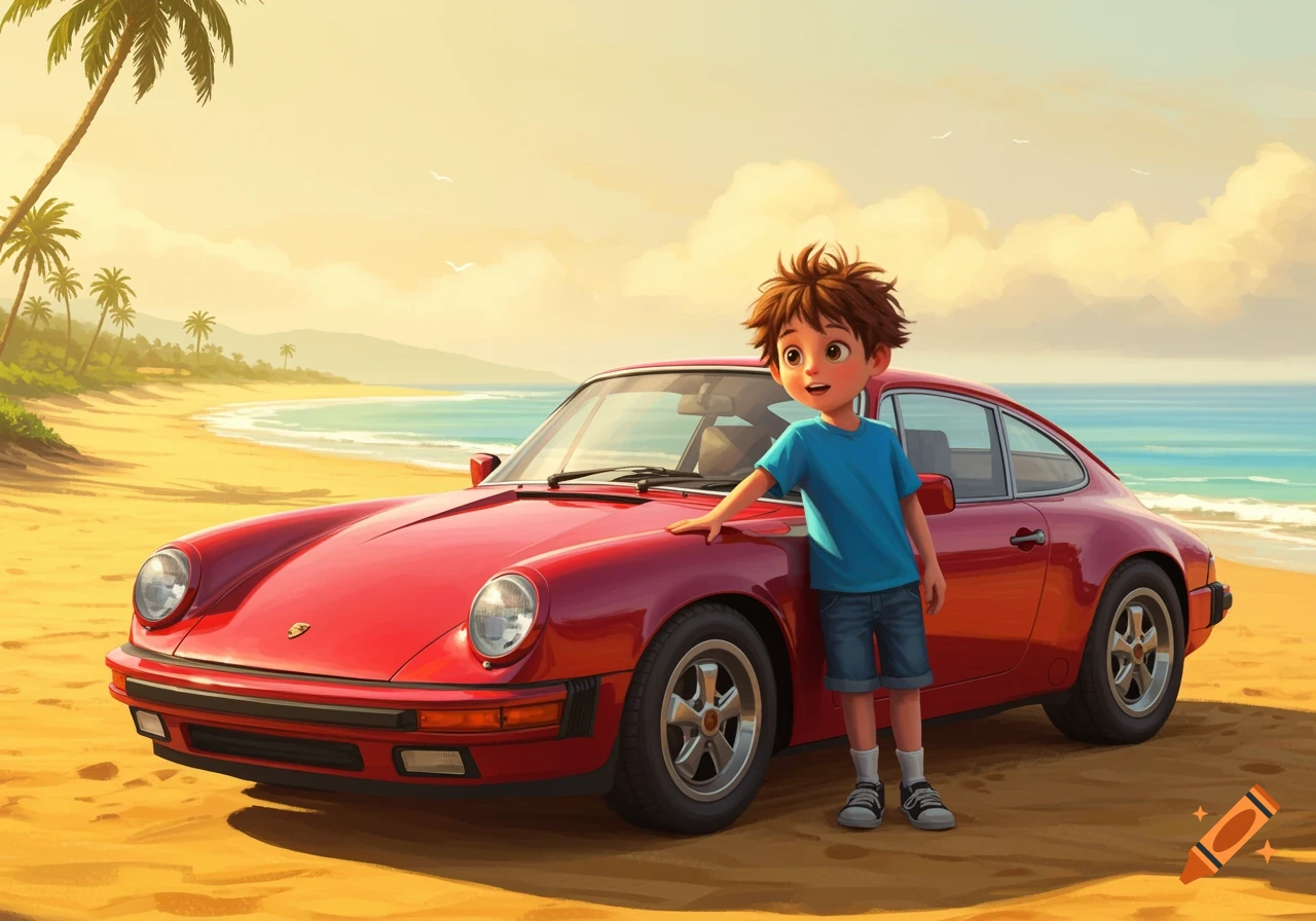 A smiling cartoon boy in a blue shirt stands next to a red sports car on a sunny beach with palm trees and ocean.