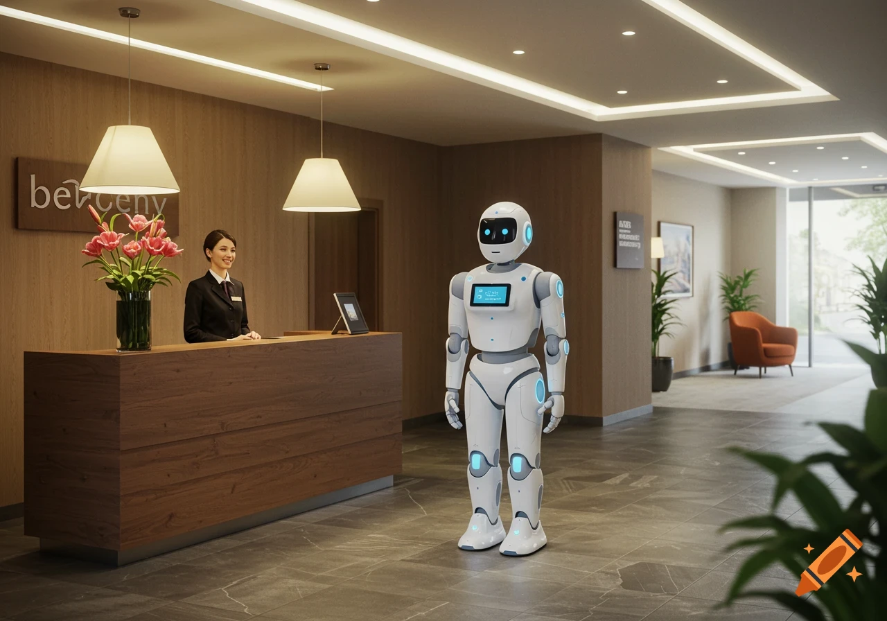 A modern hotel lobby with a smiling receptionist behind a wooden desk and a white humanoid robot standing nearby.