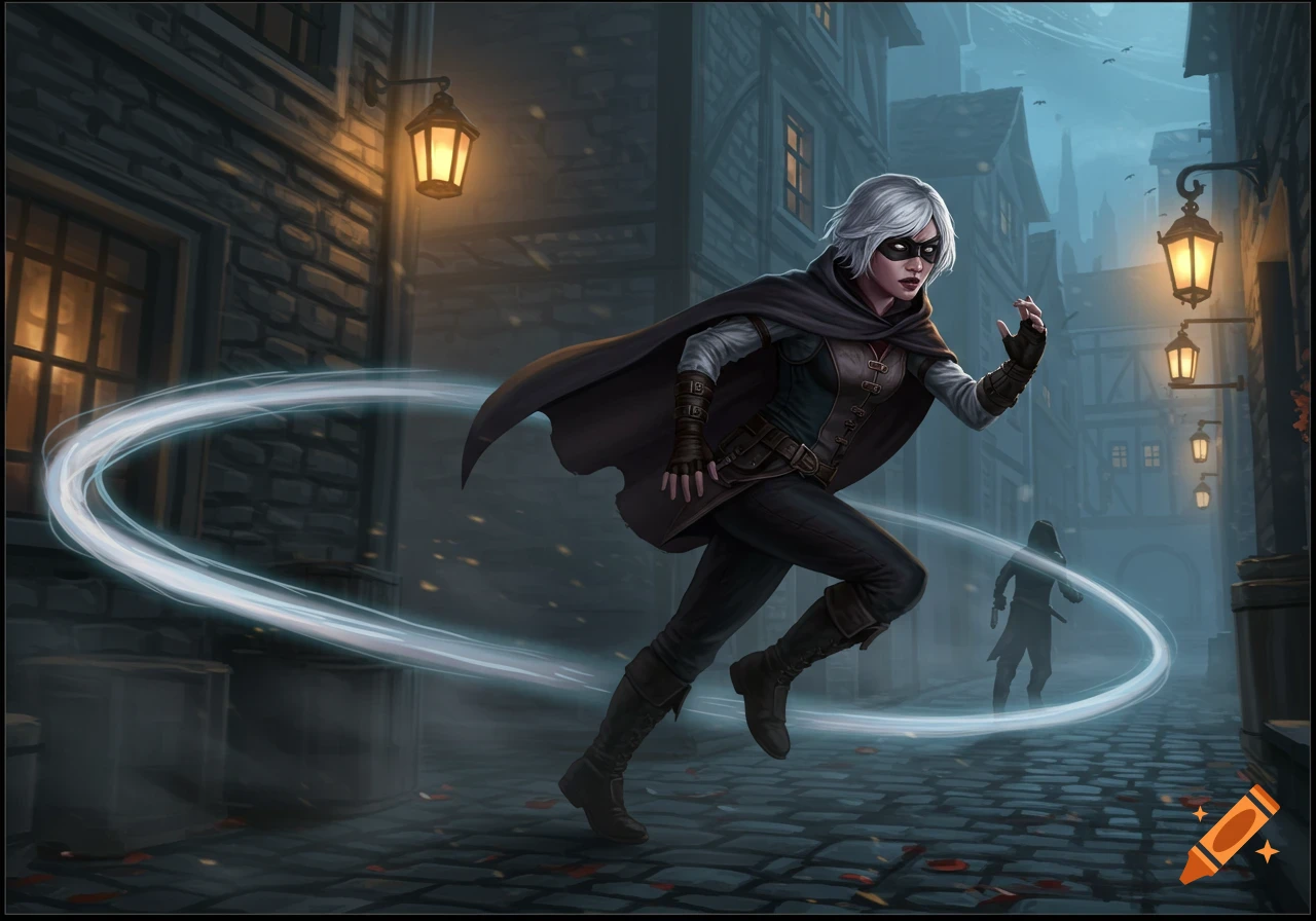A white-haired female rogue in a black mask and dark cape dashes through a foggy medieval town at night, leaving a motion-blurred trail. Digital painting.
