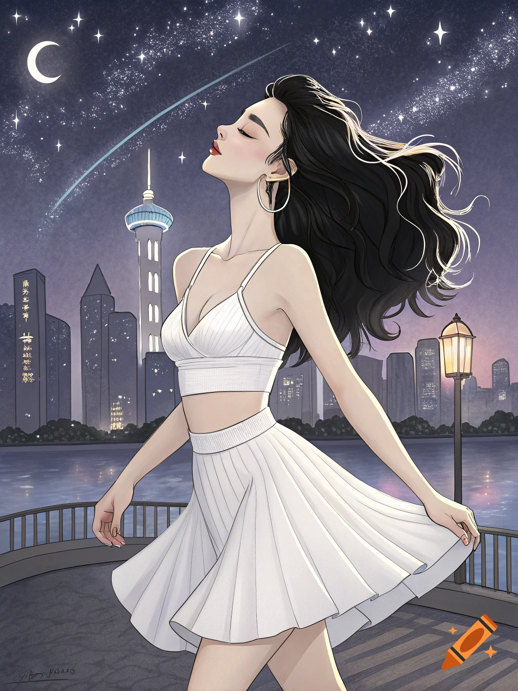 Illustrative drawing of a woman in white under a starry night sky with a crescent moon, overlooking a city skyline.