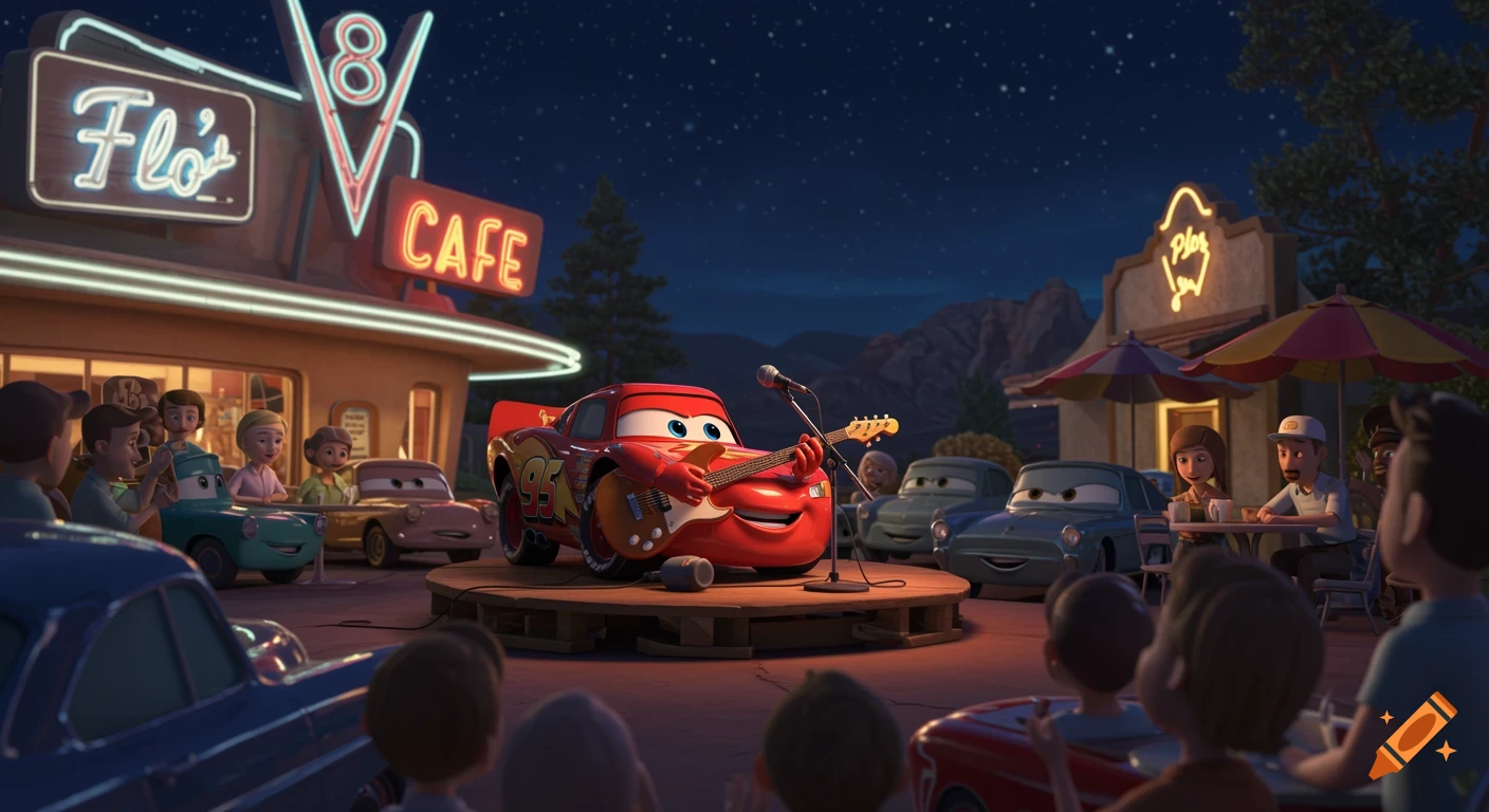 Lightning McQueen plays guitar on stage at Flo's V8 Cafe at night, with an audience of cars and human characters.