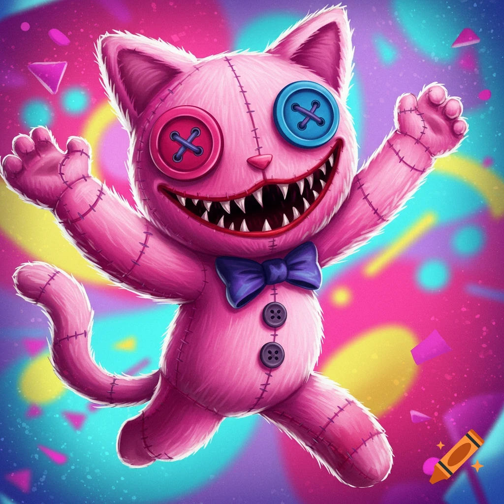 A creepy pink stitched cat plush toy with button eyes and sharp teeth, wearing a blue bow tie, against a vibrant abstract background.
