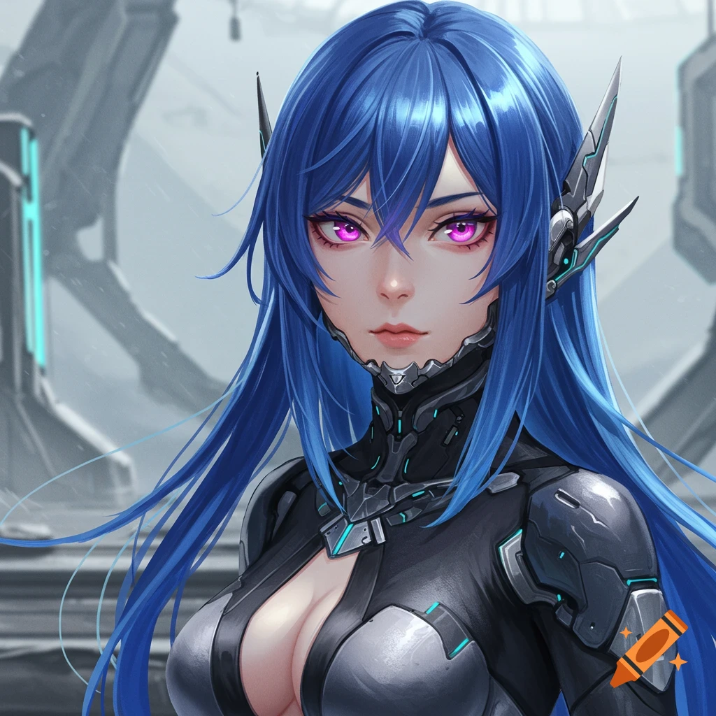 Photorealistic anime character with long blue hair and glowing purple eyes, wearing a futuristic dark suit with cleavage, in a sci-fi setting.