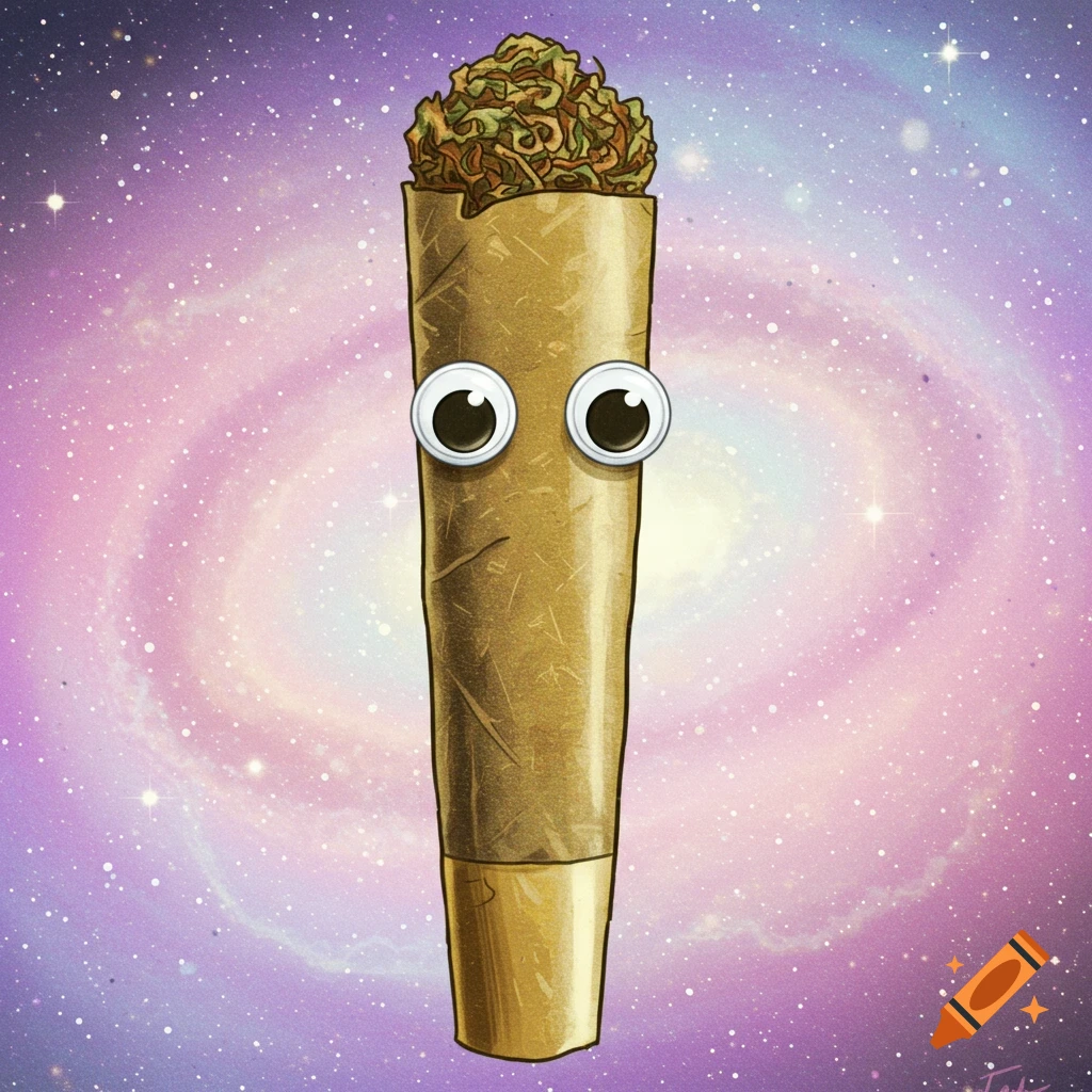 A cartoon cannabis joint with googly eyes floats in a vibrant purple galaxy.