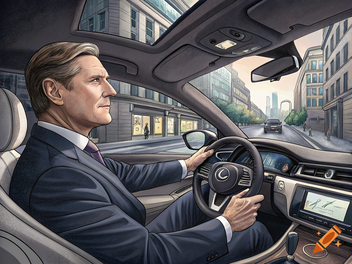 An illustration of a man resembling Keir Starmer in a suit driving a car, with a city street visible outside the windows.