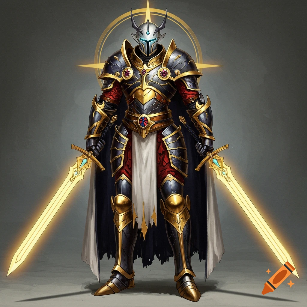 An ornate black and gold knight in full armor with a horned helmet, dual-wielding glowing golden swords against a grey background with a golden halo.