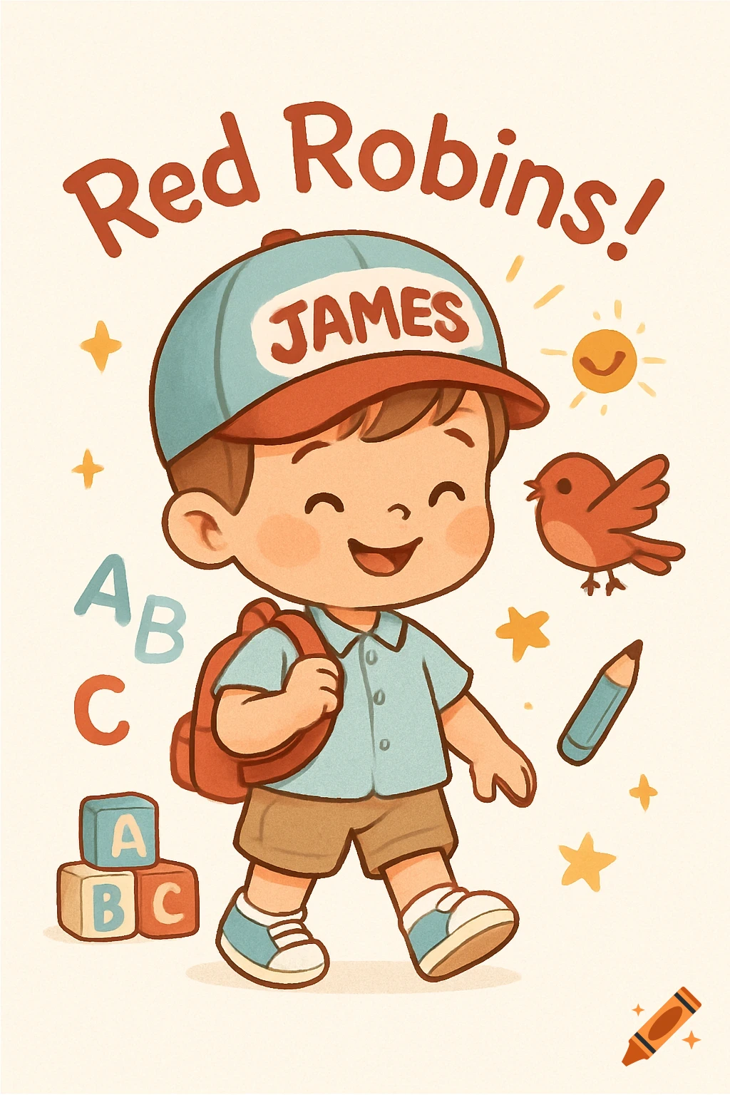 Smiling cartoon boy with backpack and hat saying 'JAMES', surrounded by ABC blocks, letters, pencil, sun, and red bird. Text says 'Red Robins!'.