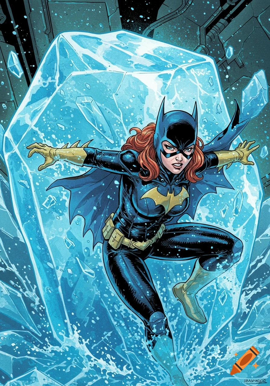 Batgirl, a female superhero with red hair in a black and yellow suit, emerges dynamically from breaking blue ice in a comic book style.