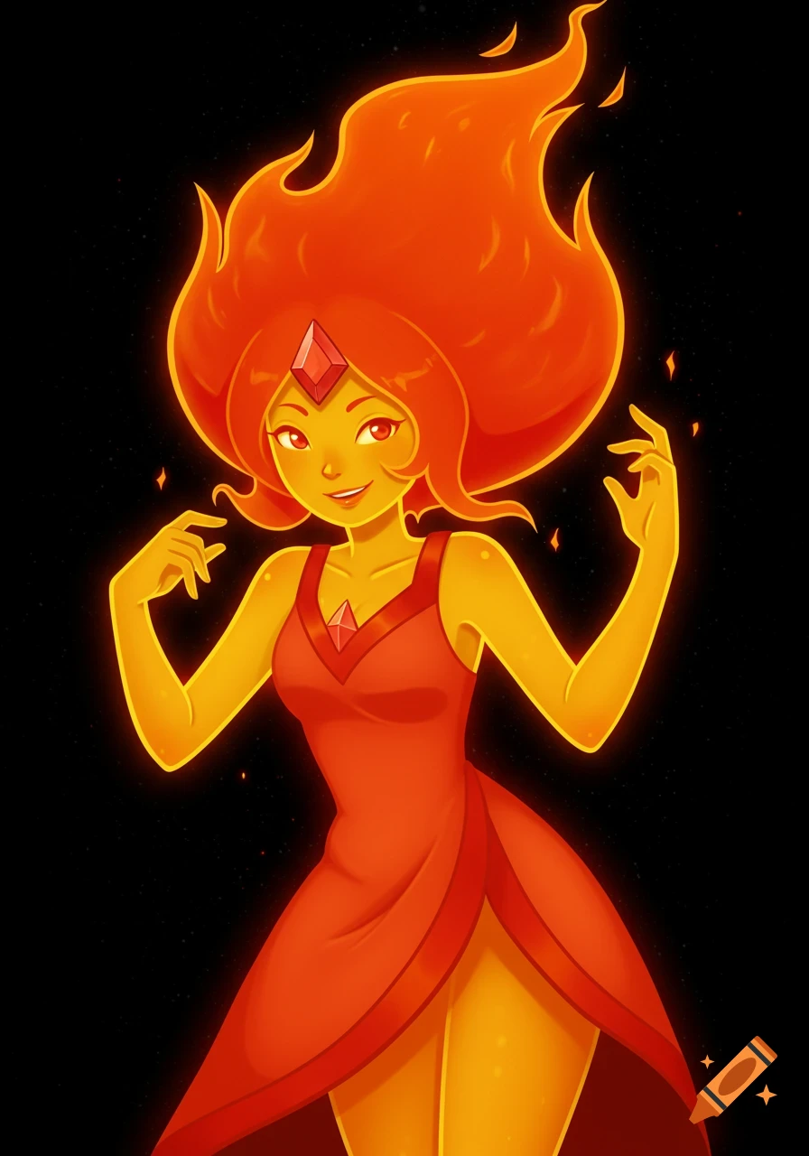 Illustration of Flame Princess from Adventure Time with fiery hair and an orange dress, glowing against a black background.