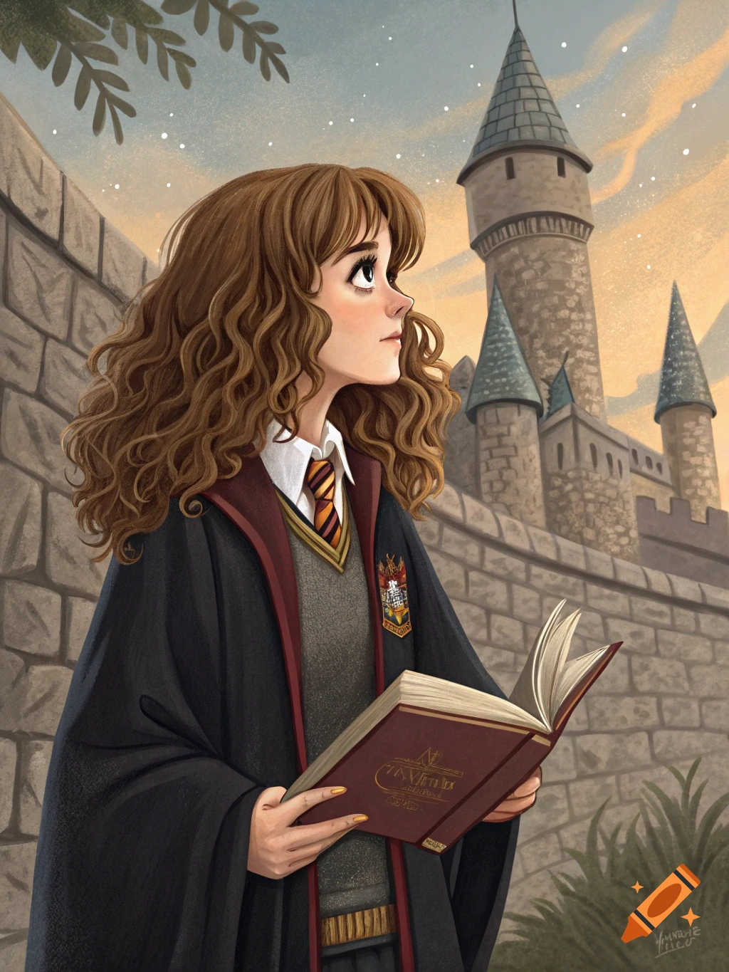 Illustration of Hermione Granger holding a book, looking up at a castle under a twilight sky.