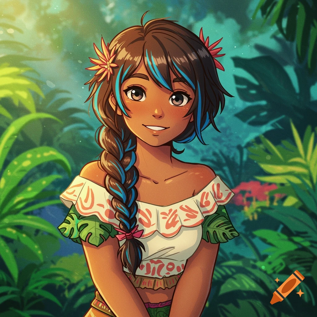 Smiling anime girl with brown skin and blue-streaked hair in a white top, standing in a lush tropical forest.