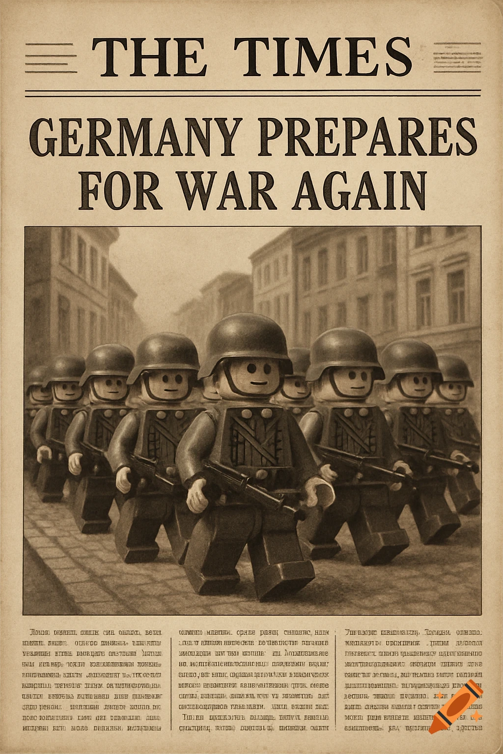 1940s-style sepia newspaper with headline 'GERMANY PREPARES FOR WAR AGAIN' above marching Lego German soldiers on a street.