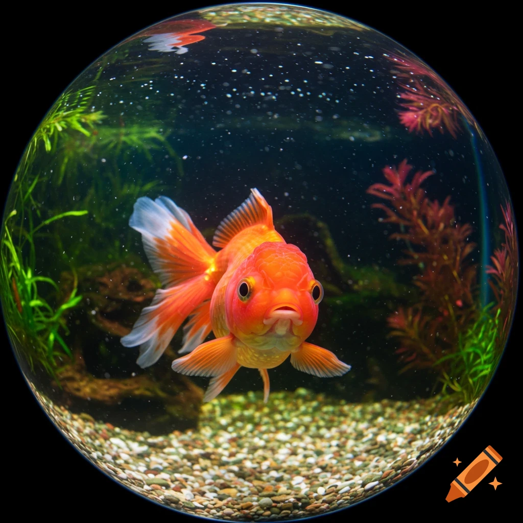A vibrant orange goldfish with white fins looks directly at the camera through a fisheye lens in a well-lit fishbowl.