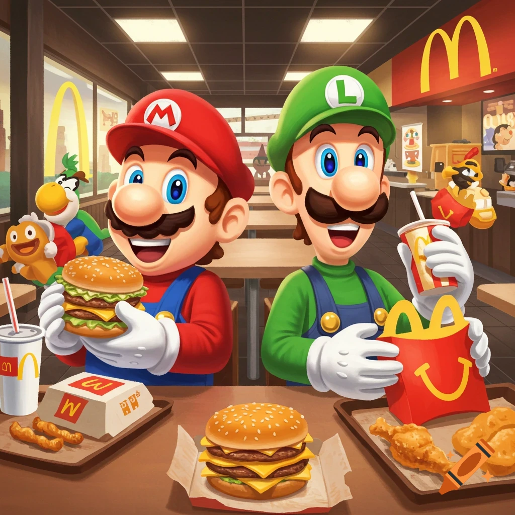 Mario and Luigi smiling and eating McDonald's fast food in a restaurant, in a cartoon style.