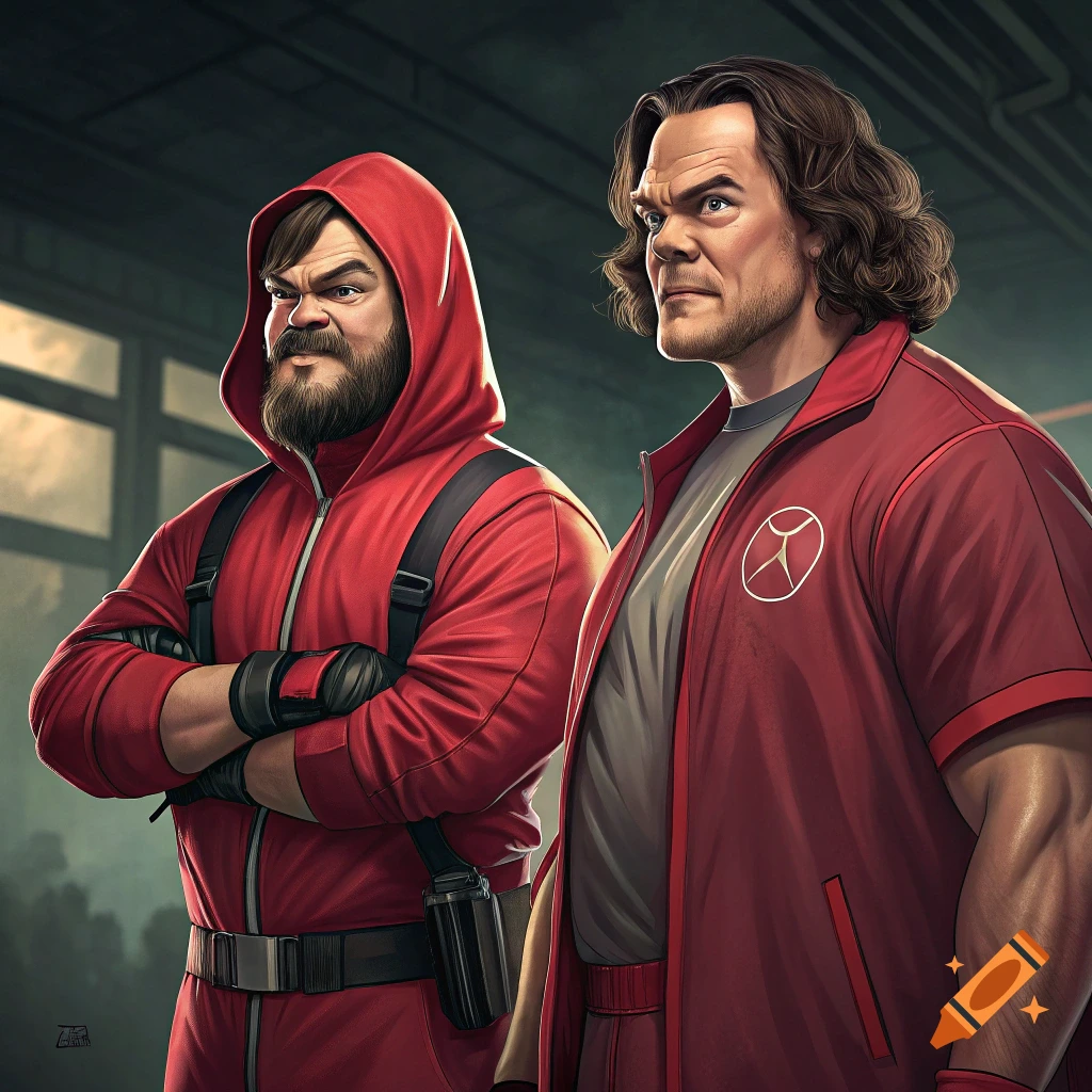 Two muscular men in red uniforms, one bearded in a hooded tracksuit, the other with long hair in a zipped jacket, standing in a dark room.