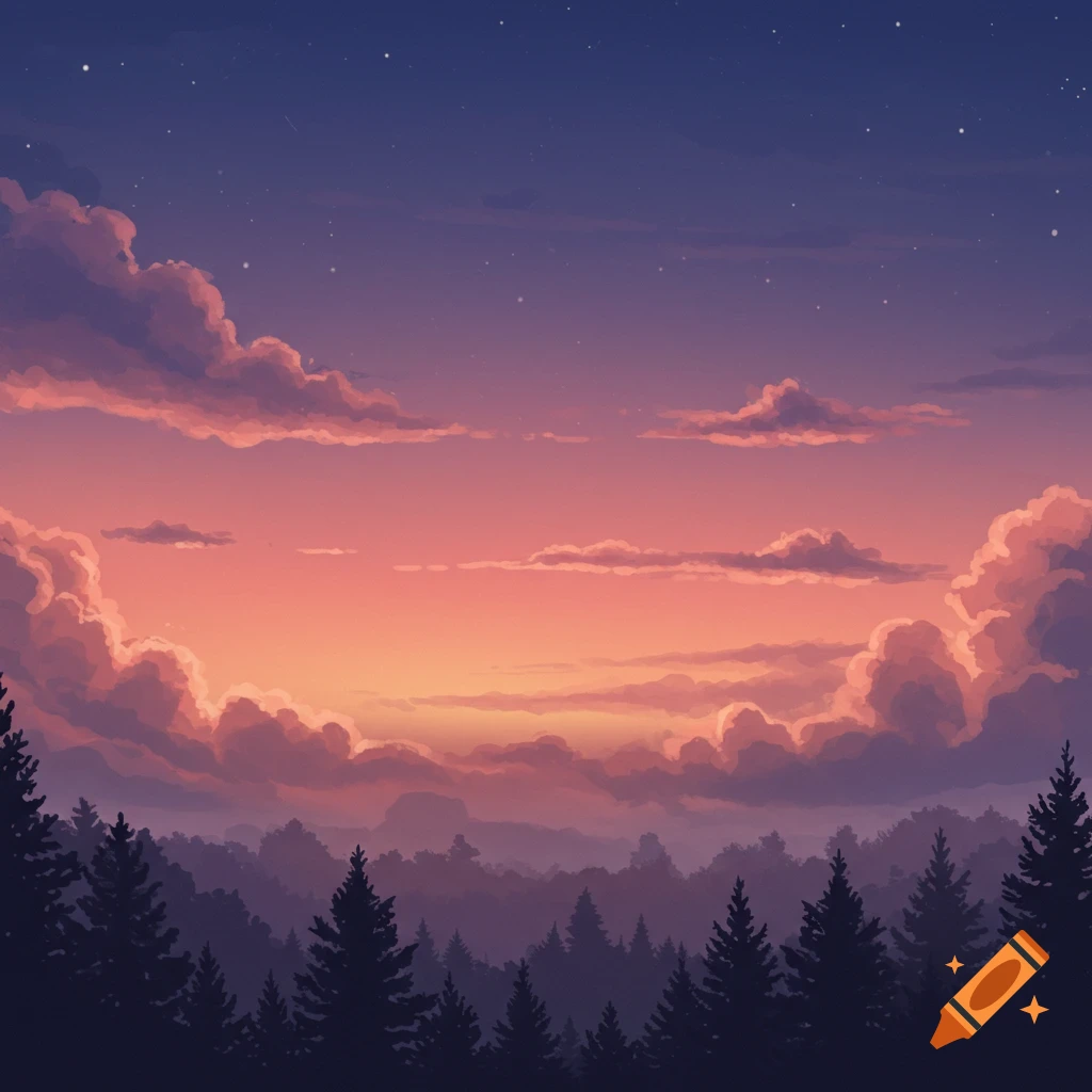 A stylized landscape painting of a vibrant pink and orange sunset over a silhouetted forest and mountains.
