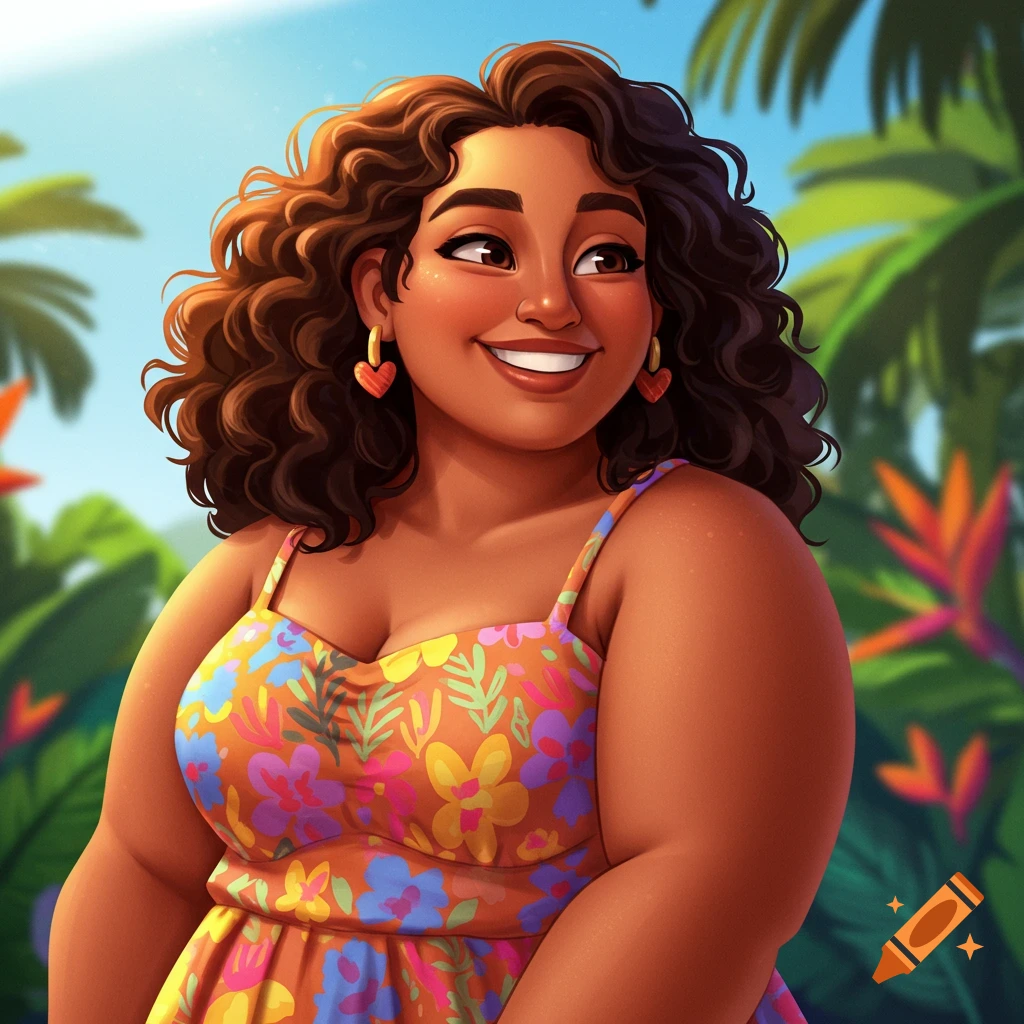 A smiling cartoon woman with curly brown hair and heart earrings wearing a floral dress in a tropical setting.
