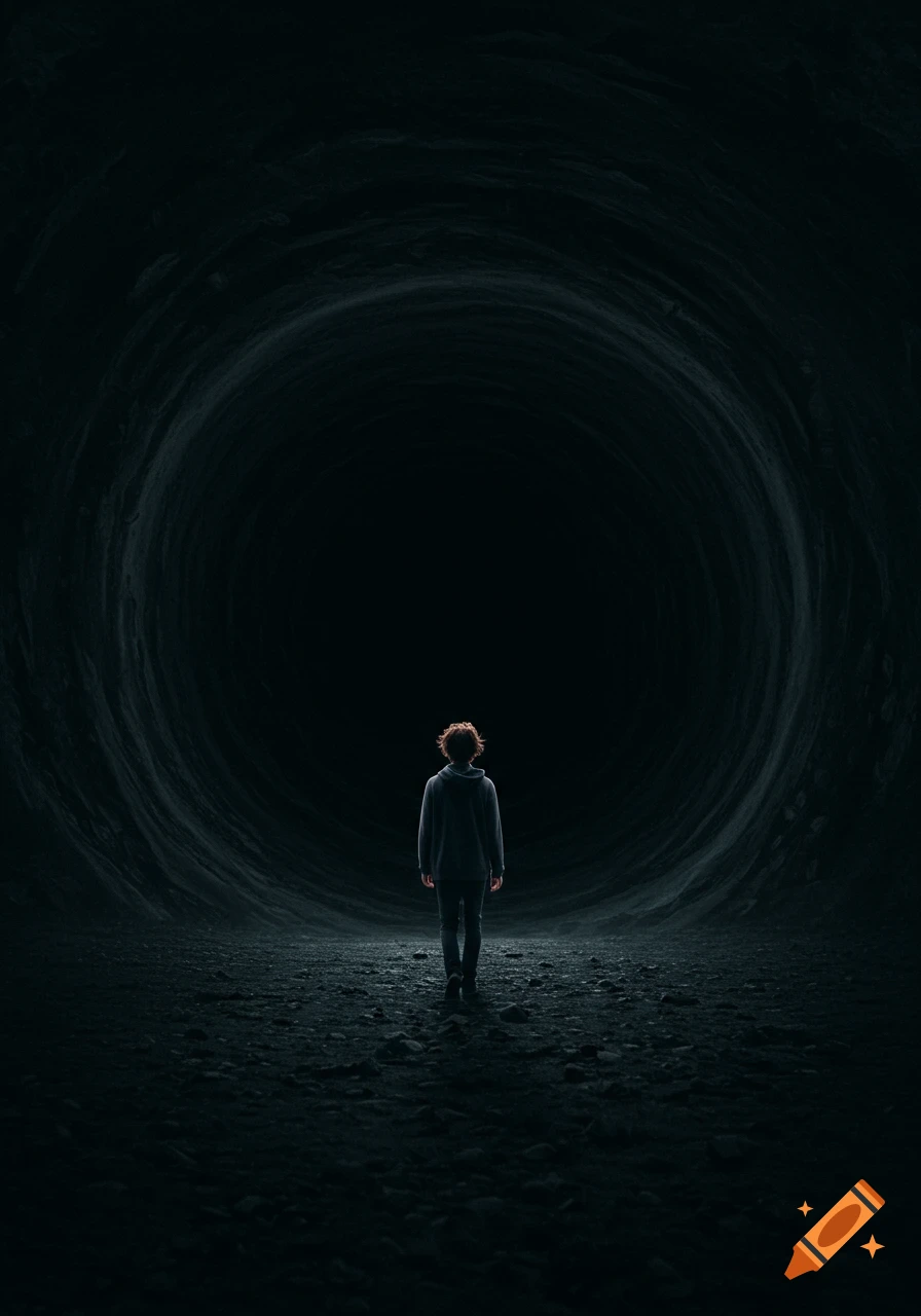 A person with curly hair walks away from the viewer into a vast, dark, swirling abyss or tunnel.