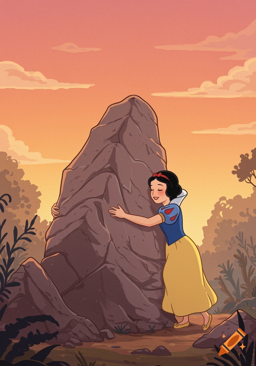 Snow White, in her classic dress, affectionately hugs a large grey rock in a vibrant orange sunset landscape, rendered in 2D digital art.