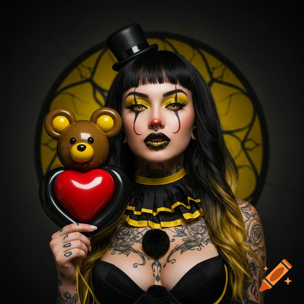 A clown woman with black and yellow makeup, tattoos, and a top hat, holding a balloon bear with a red heart, against a dark background.