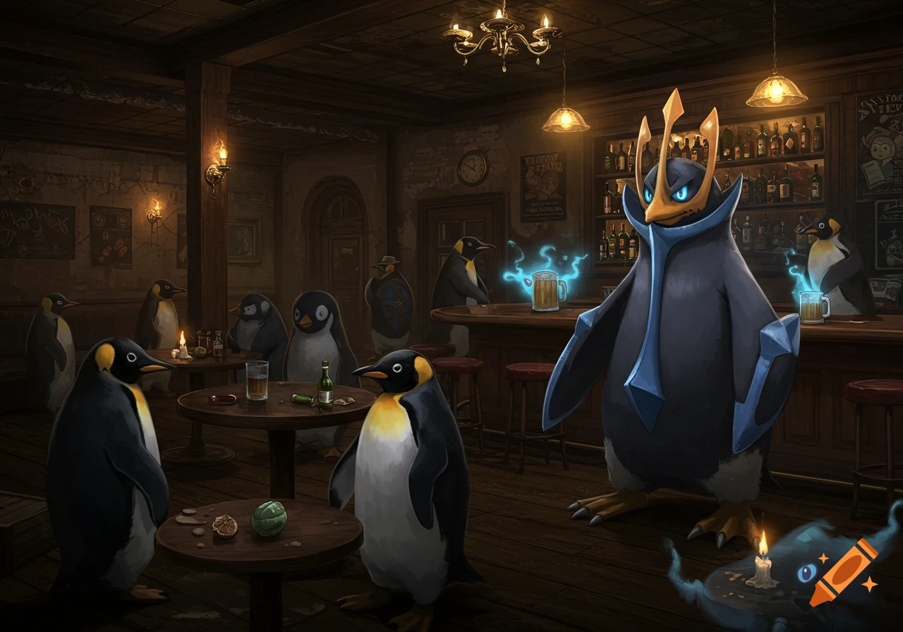 An Empoleon and other penguins in a dimly lit, rustic haunted bar. A glowing ghost figure is on the floor.