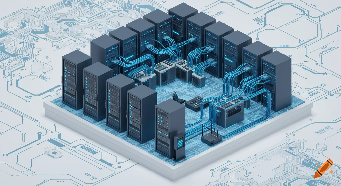 3D isometric illustration of a futuristic data center with glowing blue server racks, cables, and network equipment on a cyber-grid background.