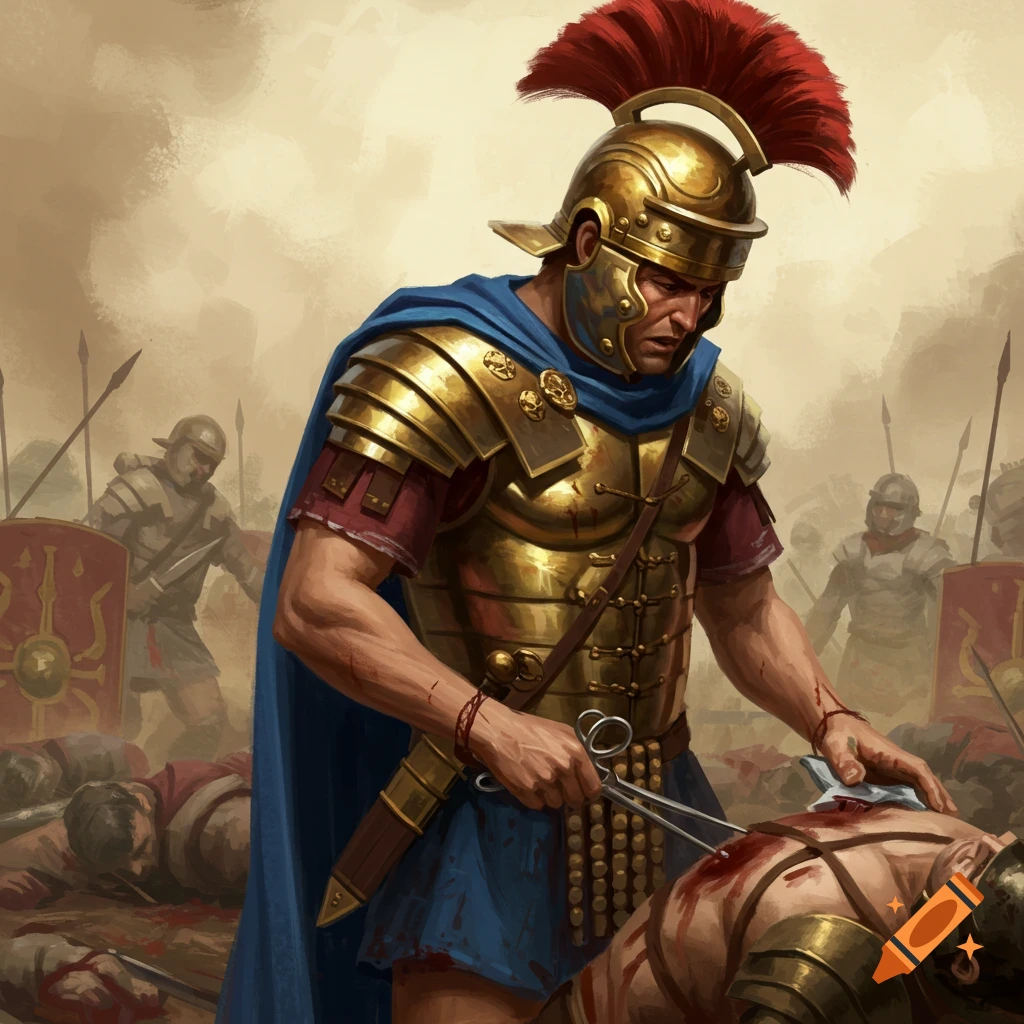 A Roman battle medic in golden armor and blue cloak tends to a wounded soldier on a battlefield filled with fallen warriors and spears. Art style is a detailed painting.