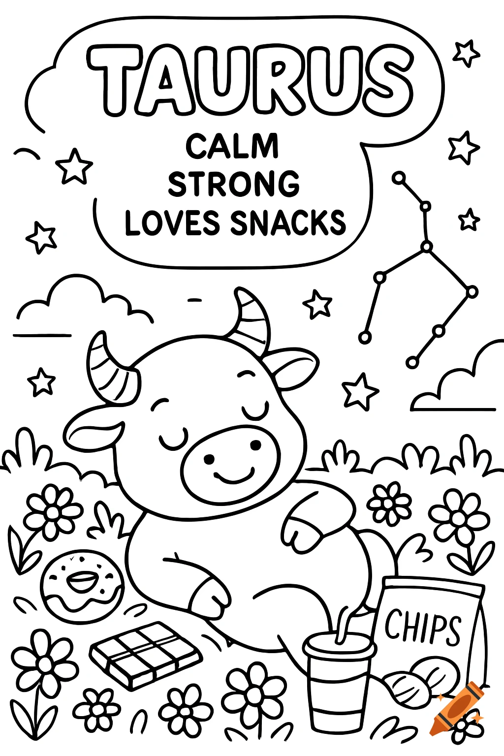 Black and white coloring page of a cute cartoon bull in a flower field with snacks and the Taurus constellation.