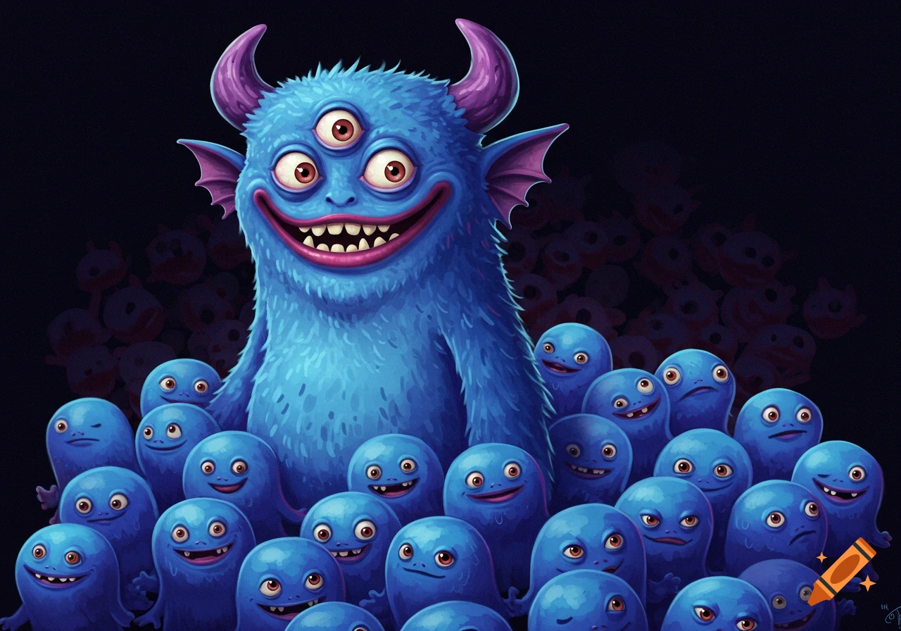 A large, three-eyed blue furry monster with purple horns smiles, surrounded by many smaller blue blob-like creatures.