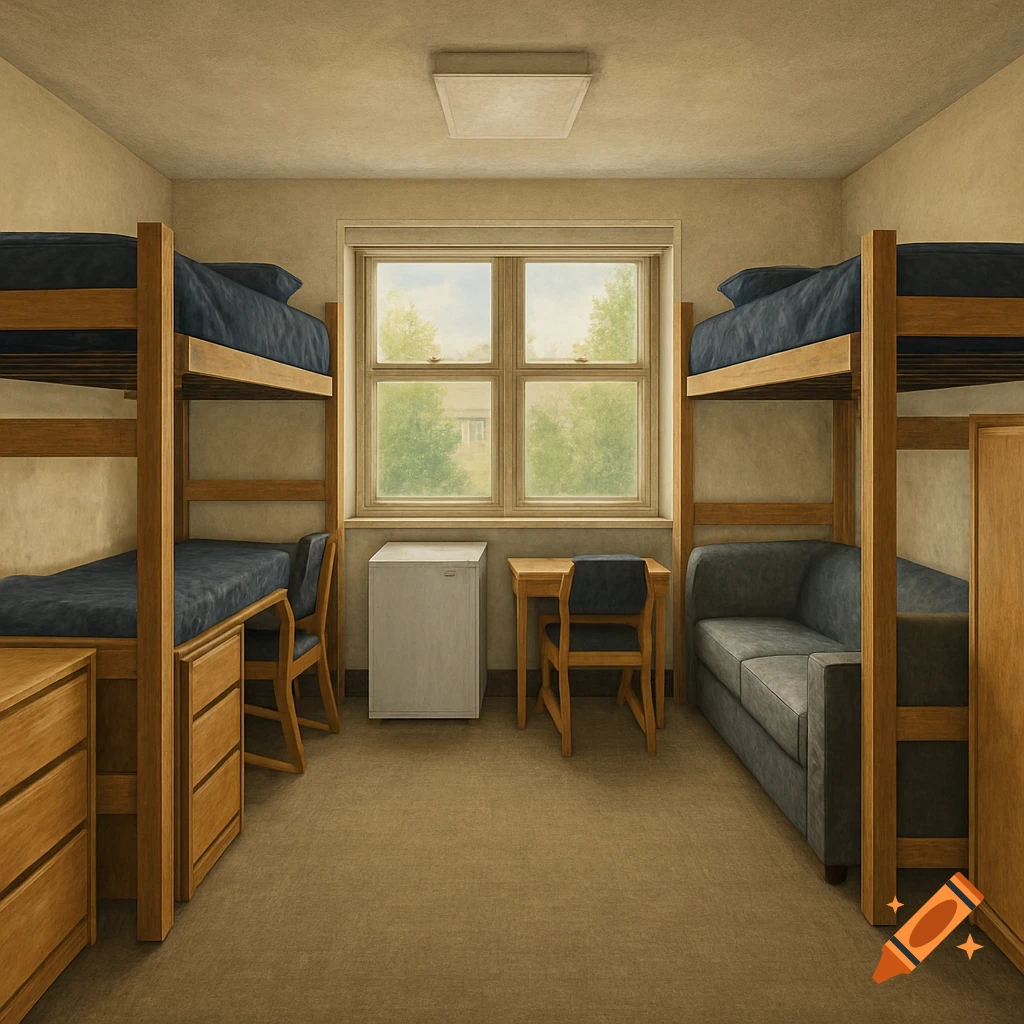 A photorealistic interior view of a college dorm room with two wooden bunk beds, two desks with chairs, a mini-fridge, and a gray sofa.