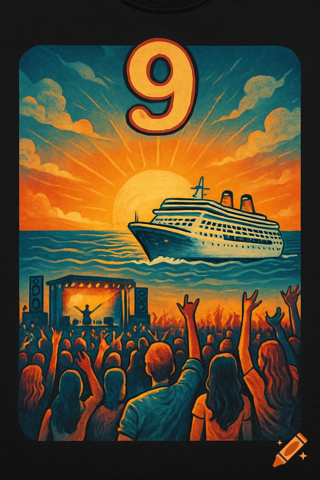 Stylized illustration of a large orange number 9 above a cruise ship on the ocean at sunset, with a music festival crowd below.
