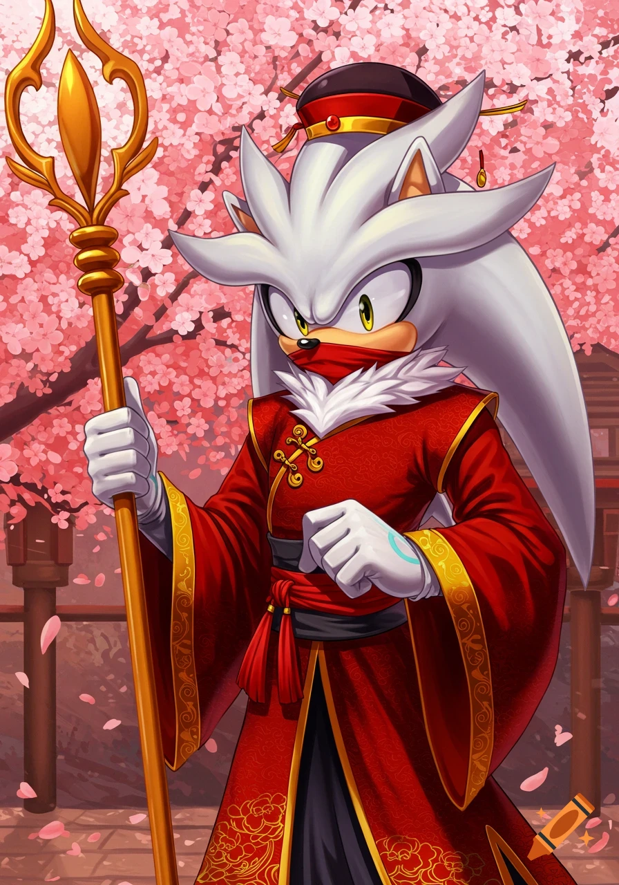 Silver the Hedgehog in a red cheongsam and hat, holding a golden staff, against a pink cherry blossom background.