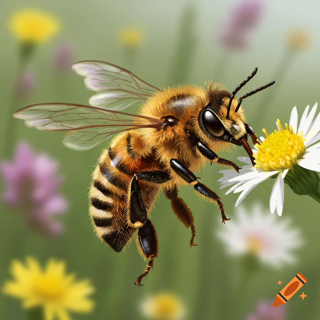 A detailed close-up of a honey bee gathering nectar from a white daisy-like flower against a soft green background.