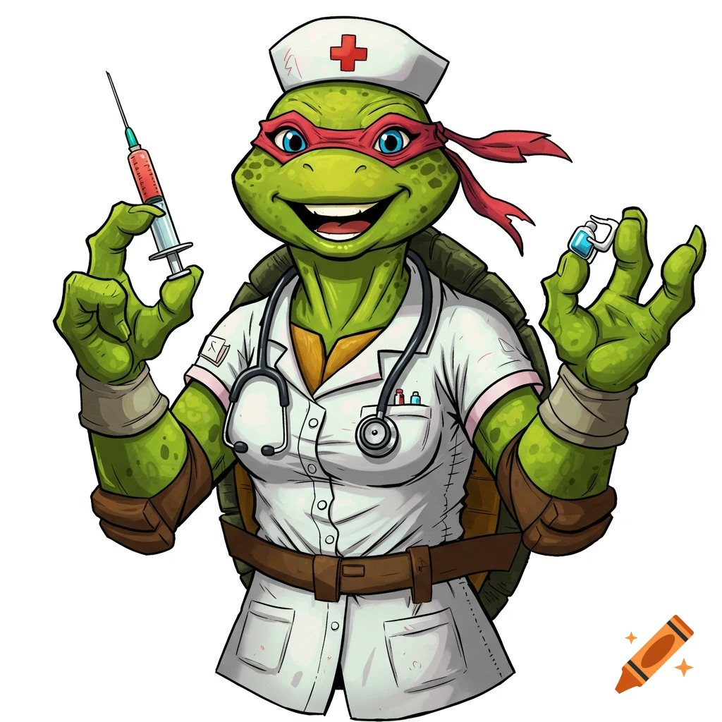 A cartoon female Ninja Turtle wearing a nurse uniform, holding a syringe and a vial, smiling.