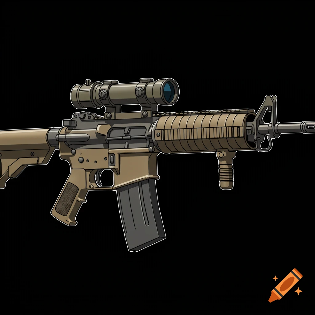 A cel-shaded M4A1 rifle with a scope and a tan finish against a black background.