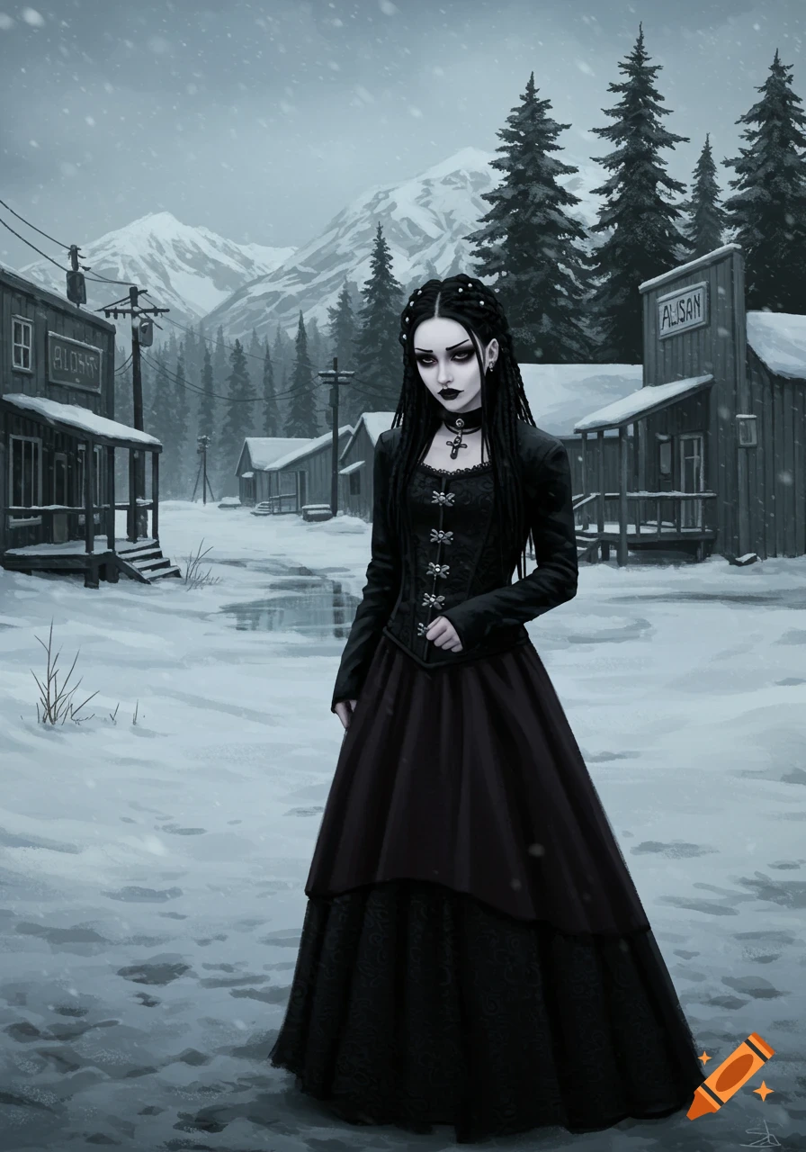 A goth girl in a long black dress stands in a snowy, desolate Alaskan town  with mountains in the background, digital art. on Craiyon