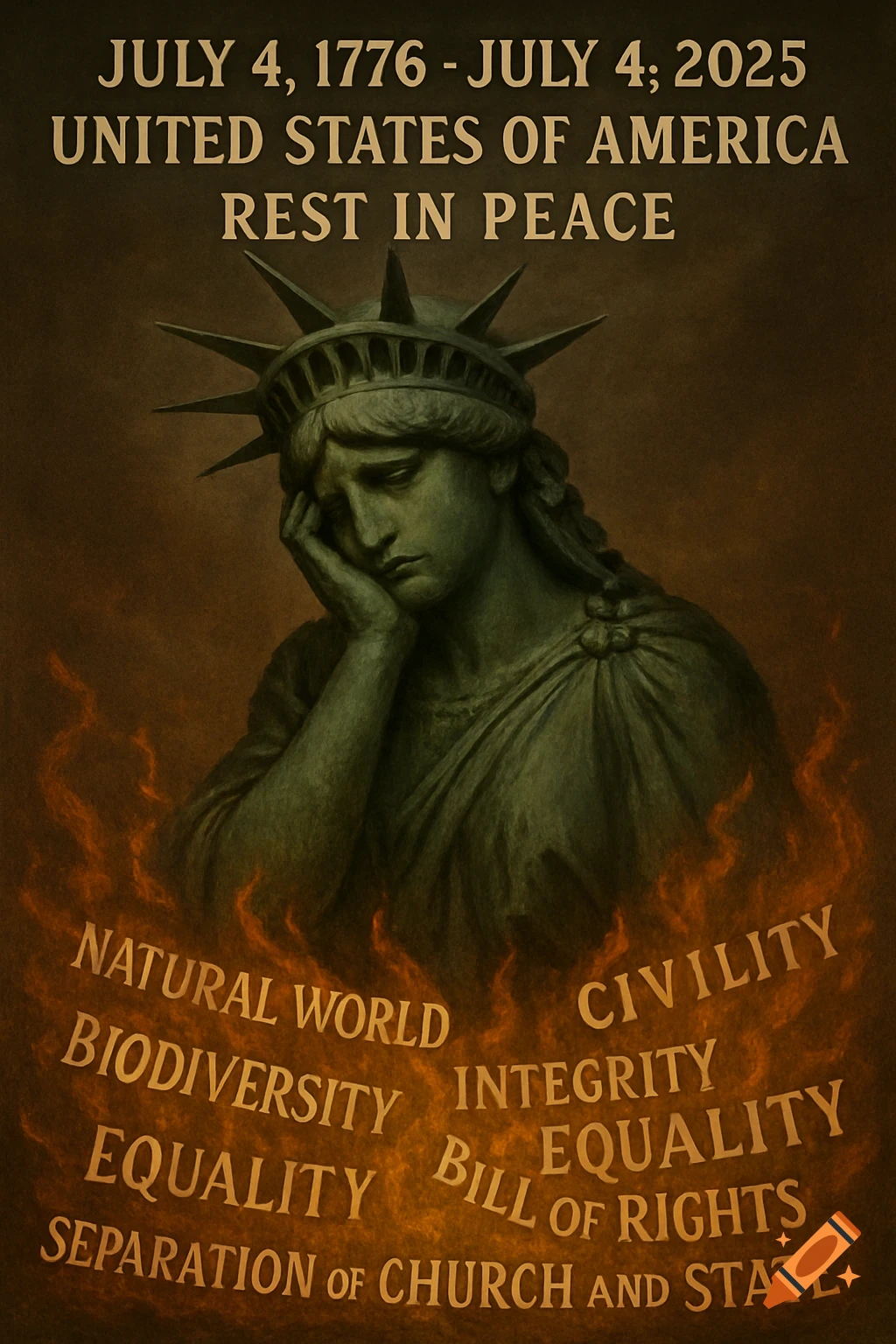 A distressed Statue of Liberty bust in dark tones, surrounded by flames with words like 'Equality', 'Bill of Rights', 'Civility', 'Integrity', 'Natural World', 'Biodiversity', 'Separation of Church and State' floating within. Above her, text reads 'JULY 4, 1776 - JULY 4, 2025 UNITED STATES OF AMERICA REST IN PEACE'.