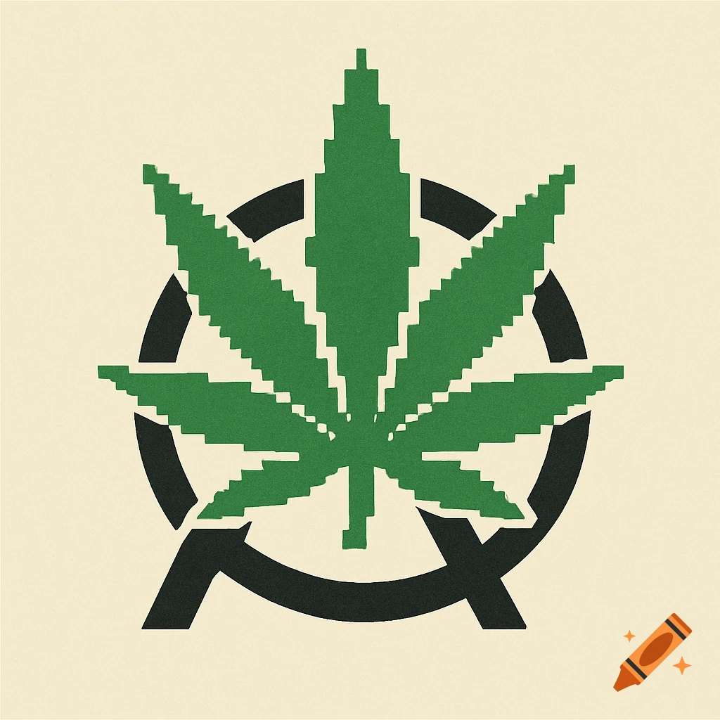 A pixelated green cannabis leaf over a black anarchy symbol on a light background.