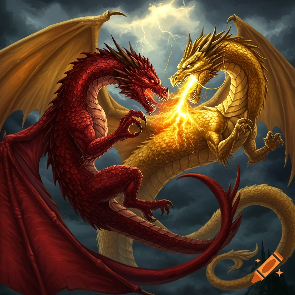 A majestic red dragon and a golden dragon fighting amidst a stormy sky with lightning and fiery breath.