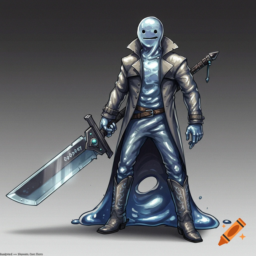 A metallic blue slime-like character in a trench coat and cowboy boots holds a large sword. The character has a simple happy face.