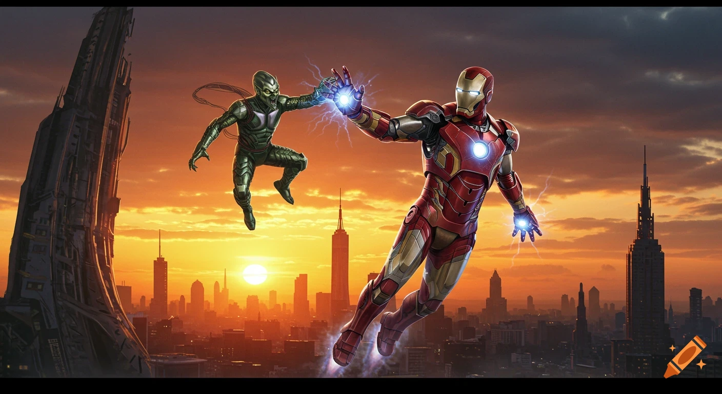 Iron Man and Green Goblin battling in the sky over a futuristic city skyline at sunset, with Iron Man's armor glowing.