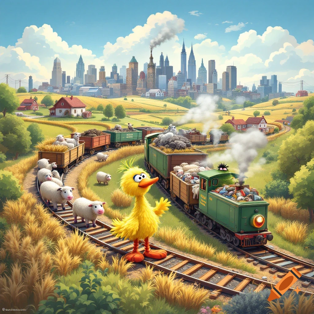Big Bird stands on a train track in a vibrant, pastoral landscape with a city skyline in the background. Two trains carrying farm produce and trash, respectively, curve around him.