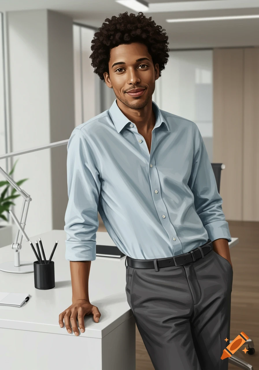 A biracial man with curly hair wearing a light blue shirt and dark pants leans on a desk in an office setting, smiling at the camera.