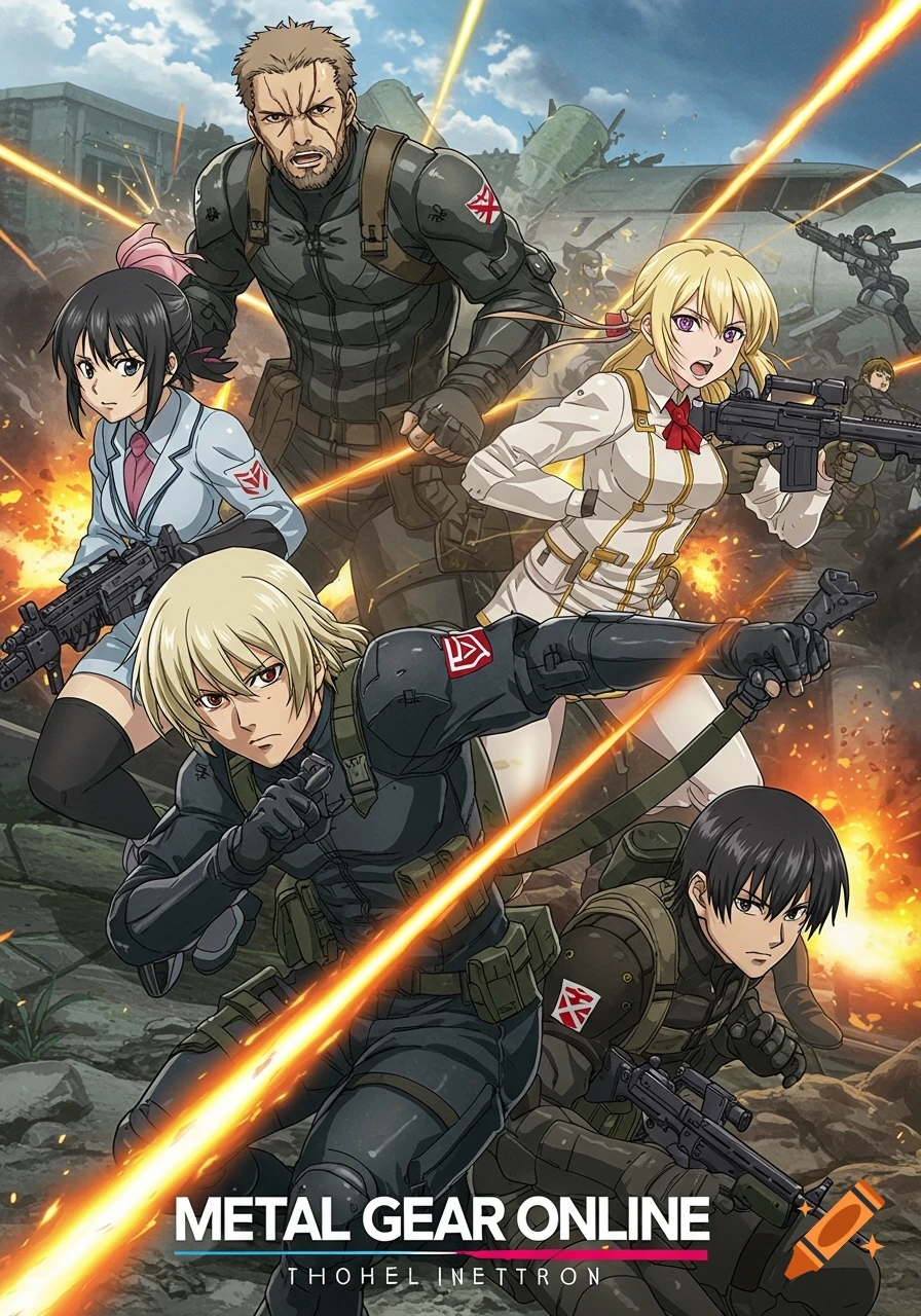Anime-style poster showing multiple armed characters in tactical gear amidst explosions and gunfire, with the title 'METAL GEAR ONLINE'.