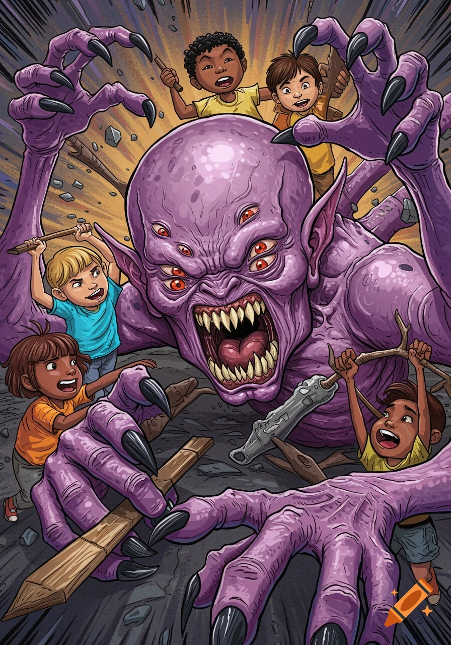 A menacing purple, multi-eyed monster being held down by diverse children with sticks in a vibrant comic book illustration.