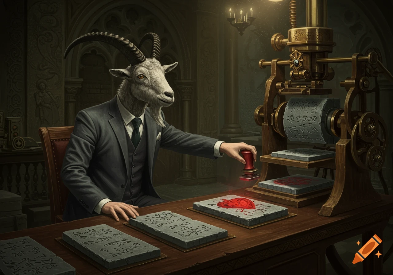 A goat-headed man in a suit sits at a desk, stamping a heart symbol onto stone tablets with an intricate printing machine in a gothic room.